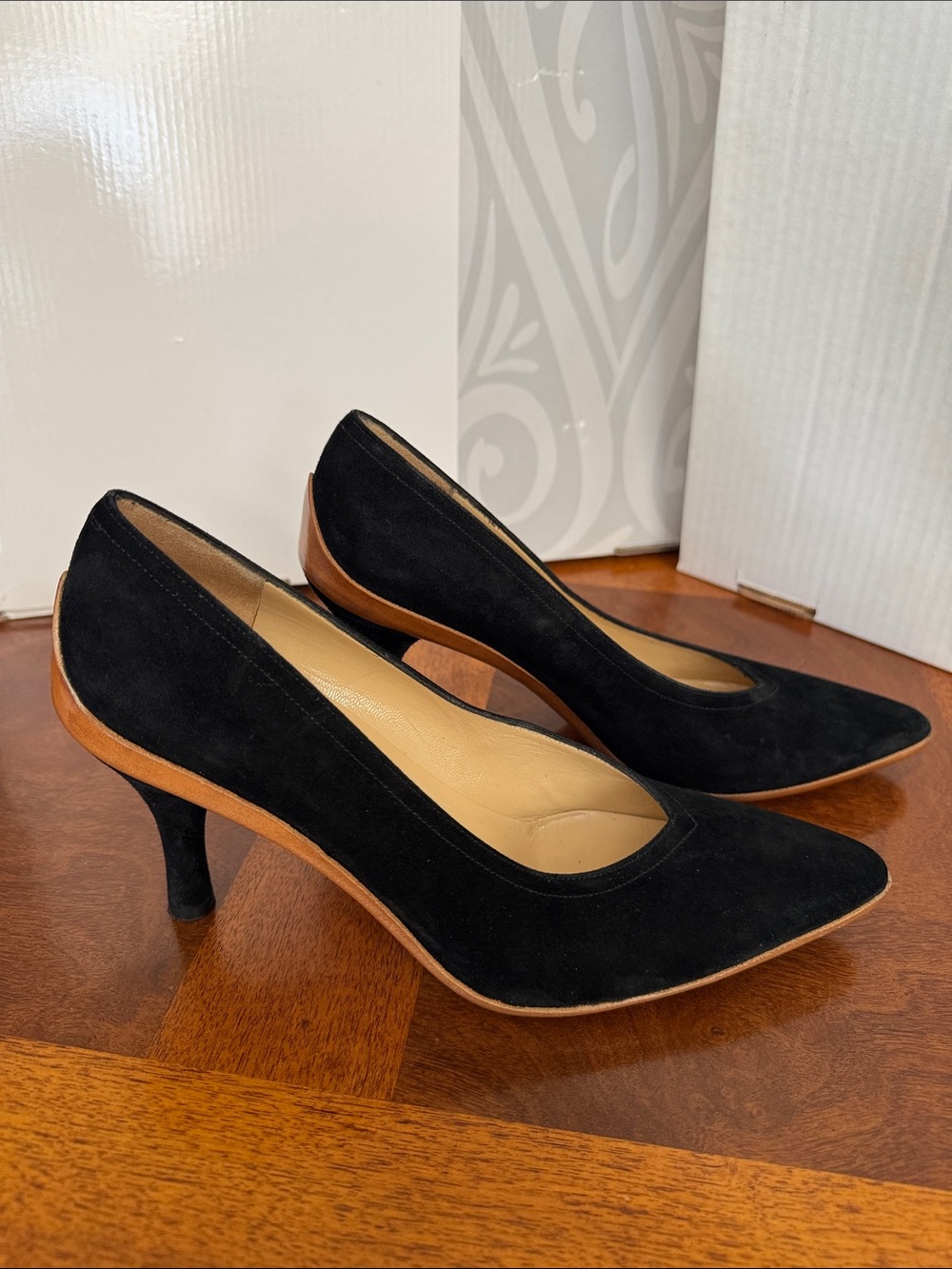 Salvatore Ferragamo Black Suede Pointed Pumps with Brown Sole Trim - Picture 5 of 8